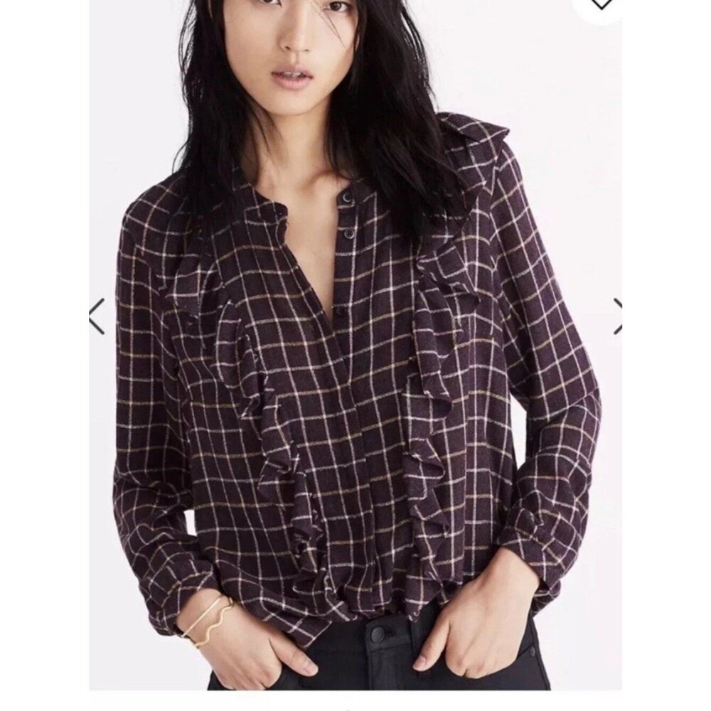 Madewell Plaid Ruffle-Front Wool Blend Blouse Size M